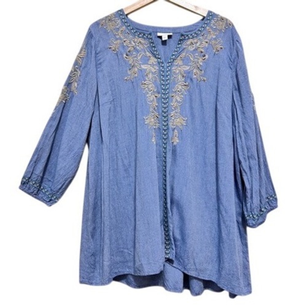 J. Jill Large Embroidered Chambray Tunic Blue Boho Peasant Top Floral 3/4 Sleeve